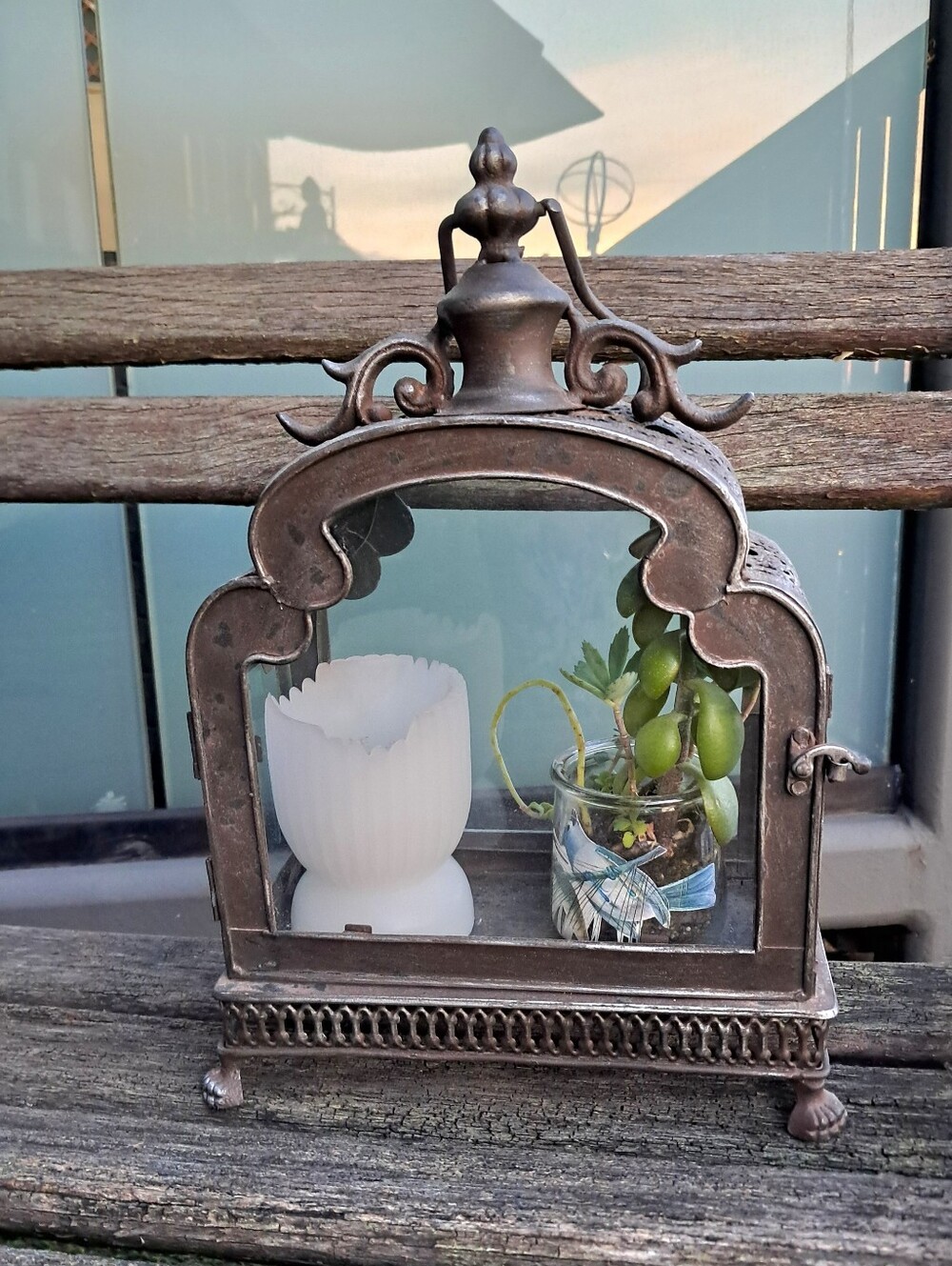 Rustic Hanging Metal Lantern Ornate Glass Panels Terrarium Garden Beach Mantel